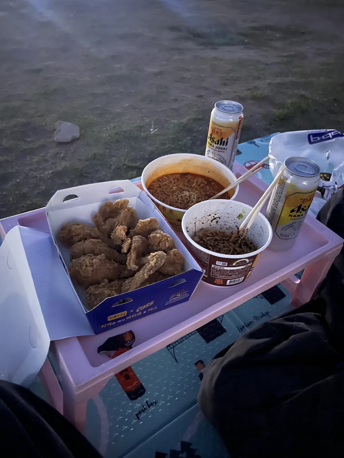 Fried chicken, noodles, and drinks shared by the Han River