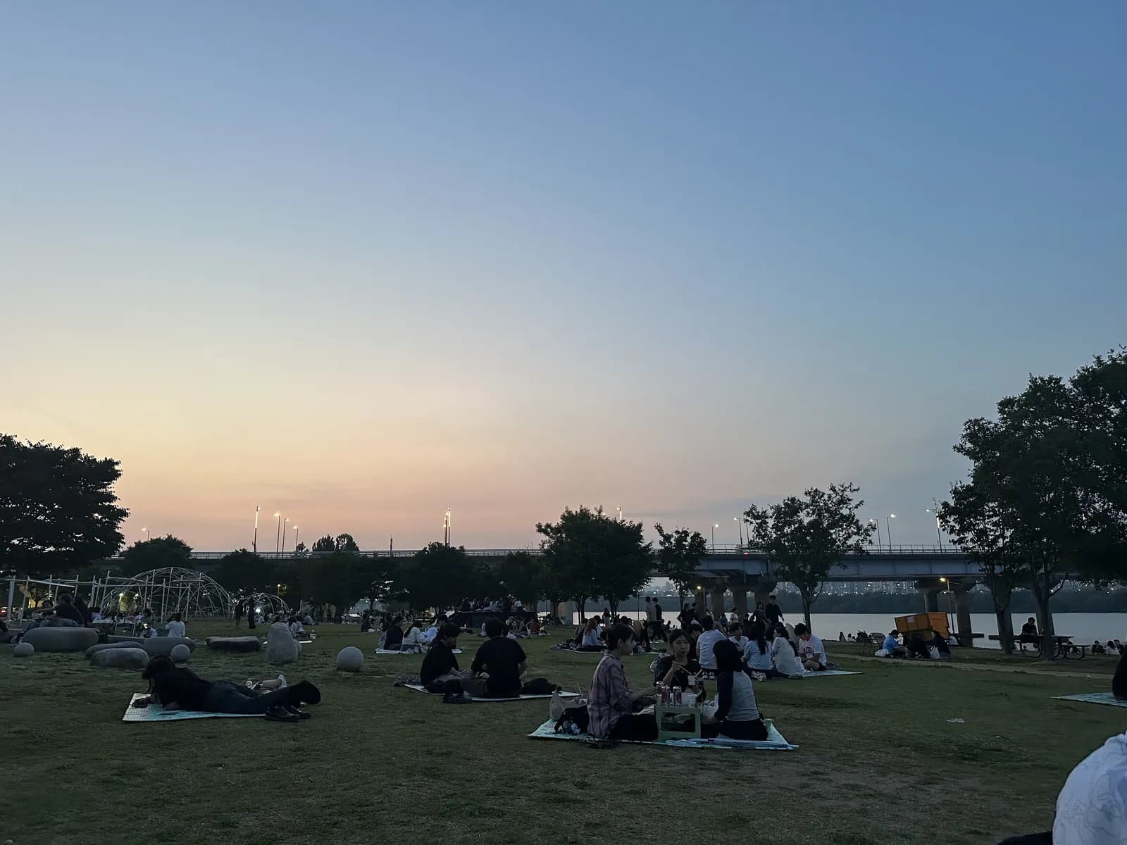 Friends enjoying a picnic by the Han River